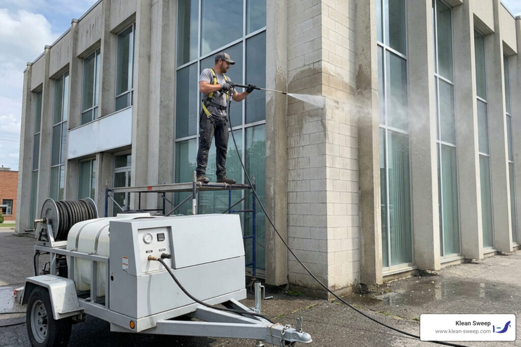 commercial pressure washing service on commercial building exterior